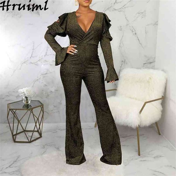 

woman clothes ruffles hollow out deep v neck fashion jumpsuit solid color vintage casual long sleeve bodysuit 210513, Black;white