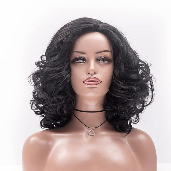 

synthetic wigs alizing natural curly middle part short wavy wig hair heat resistant placement for women, Black