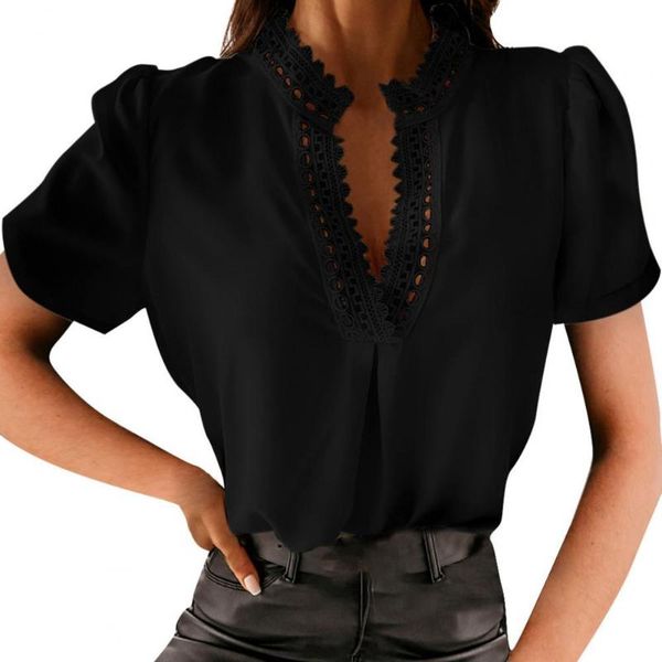 

women's blouses & shirts elegant women blouse summer short sleeve lace deep v neck female shirt solid color hollow out office lady blus, White