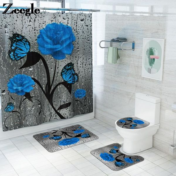 

bath mats flower printed mat shower curtain microfiber bathroom carpet set anti slip for water absorbent rug suit
