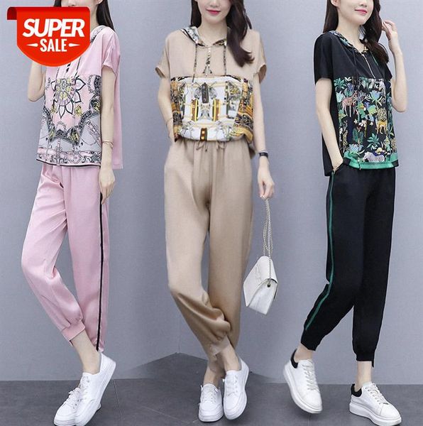 

summer women's thin hooded printed acetate jacket drawstring pants casual fashion two-piece set #kp0g, Black