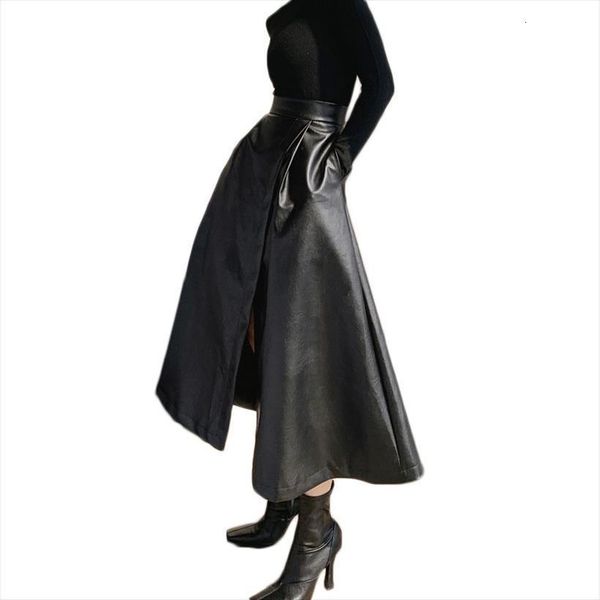 

autumn fashion all match temperament womens skirts high waist pu leather long a line split skirt female ns2229, Black