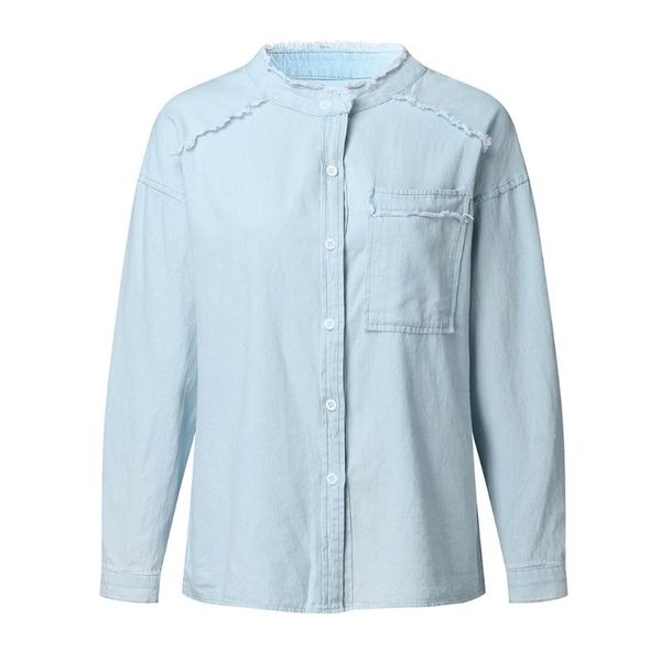 

feitong ladies denim shirts womens and blouses summe casual button tassel long sleeve loose tank blouse women's &, White