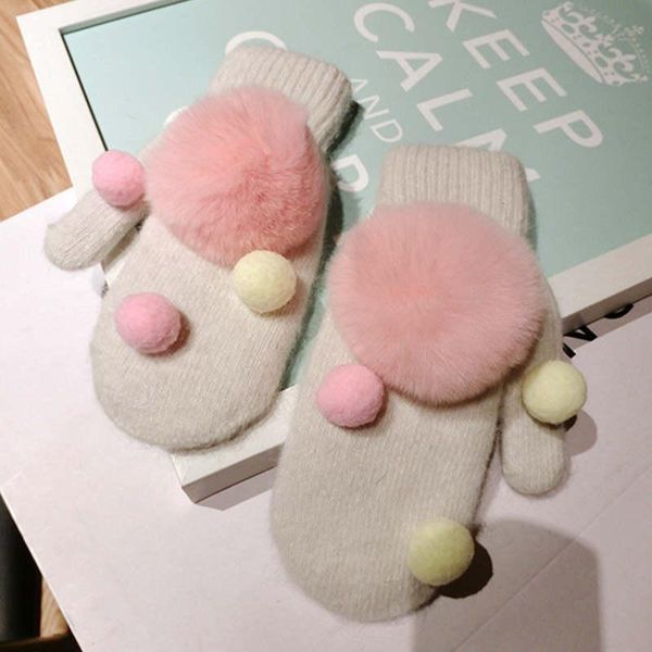 

fingerless gloves winter women pompom fur knitted full finger mittens school girl' fashion leisure luvas guantes gift, Blue;gray