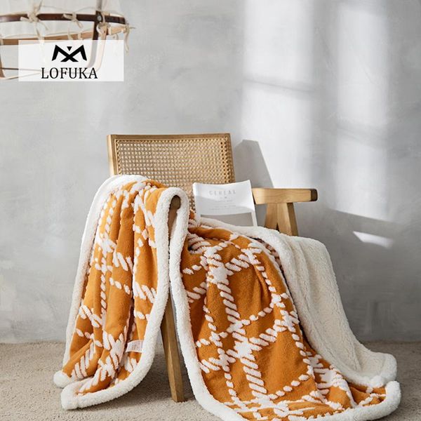 

lofuka nordic style jacquard cotton orange grid blanket velvet sherpa fleece bed sofa cover bedspread for women men blankets