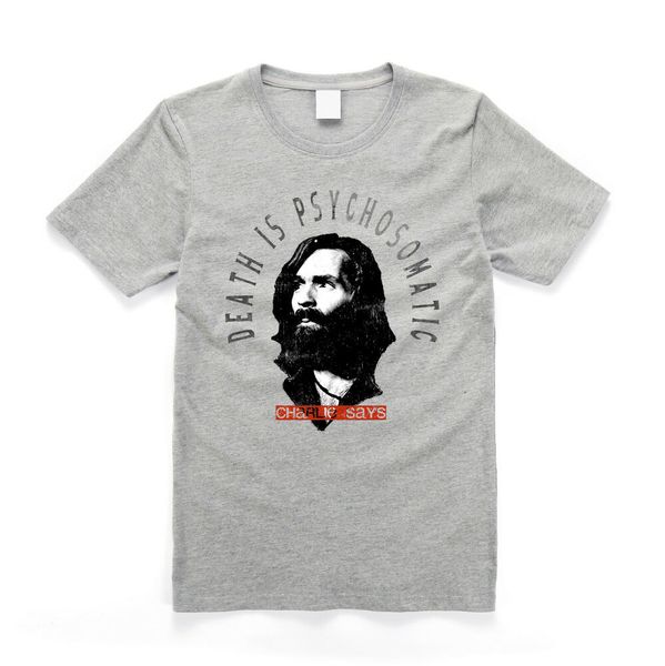 

charlie says death is psychosomatic manson family cult t shirt grey, White;black