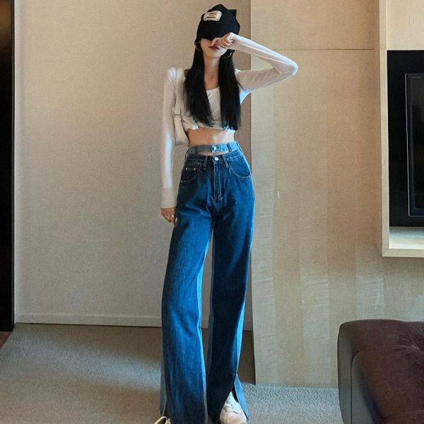 

women's jeans design niche split autumn style trousers high waist loose straight wide leg pants, Blue