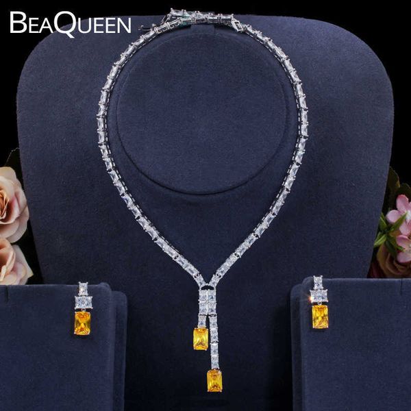 BeaQueen Neue Design Brilliant Gelb CZ Quadrat Tropfen Ohrringe Halskette Schmuck-Set für Frauen Braut Hochzeit Zubehör JS221 H1022