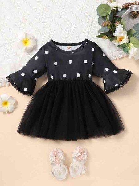 

baby polka dot lace detail trumpet sleeve mesh hem dress she, Red;yellow