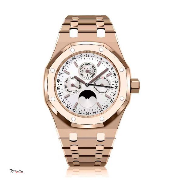 

men's luxury automatic mechanical watch royal requin rose gold stainless steel case oak series 26579cb.oo.1225cb.01 white dial 5134, Slivery;brown