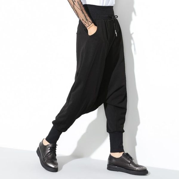 

spring fashion black solid drawstring pockets causal loose big size women high waist harem pants ra224 women's & capris, Black;white