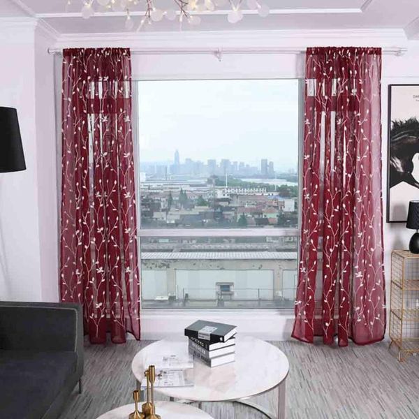 

curtain & drapes 2pcs/set delicate wicker leaves embroidery window polyester fabric voile drape valance home decor