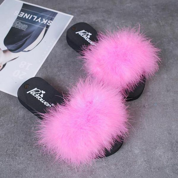 

ostrich hair slippers women flip flops fur home fluffy sliders plush furry summer flats sweet ladies shoes cute pantufas b1, Black