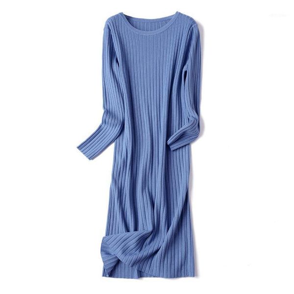 

casual dresses gigogou o neck women basic knit long straight dress winter cotton ribbed sweater sleeve thick warm midi party, Black;gray