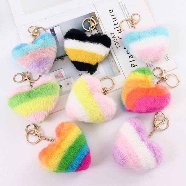 Heart Rainbow Beychain Party Party Saceates Plush Balls Key Цепи Декоративные Подвески Для Женщин Сумка Брелок Аксессуары Автомобильный Ключ