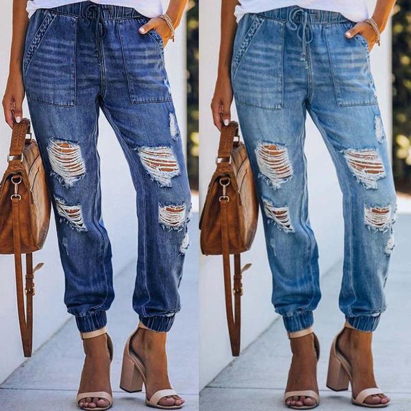 

women's jeans women drawstring denim casual ripped hole stretch high waist trousers ladies plus size full length elastic pencil pants, Blue