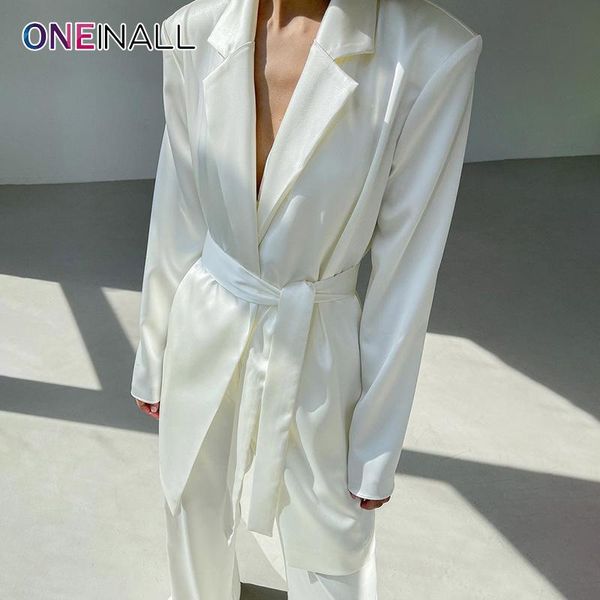 

women's suits & blazers oneinall casual white for female notched long sleeve lace up minimalist solid loose blazer women's 2021 aut, White;black