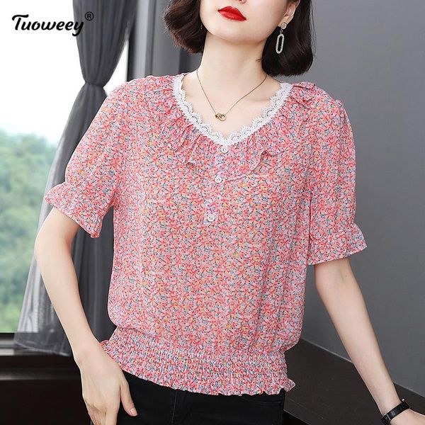 

women's blouses & shirts 2021 fashion women lace summer style chiffon casual short sleeve plus size print loose shirt elegant, White