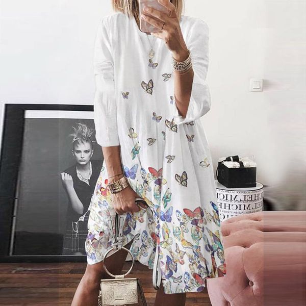 

women's dress round neck long sleeve retro butterfly autumn winter floral printed casual dresses, Black;gray