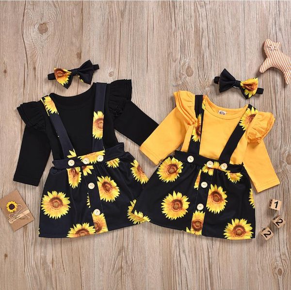 Baby Girl Roupas Ruffle Sleeve Romper Sunflower Saia Headband 3 Pcs Conjuntos da Criança Meninas Suspender Saia Suits Boutique Baby Outfits DW5145