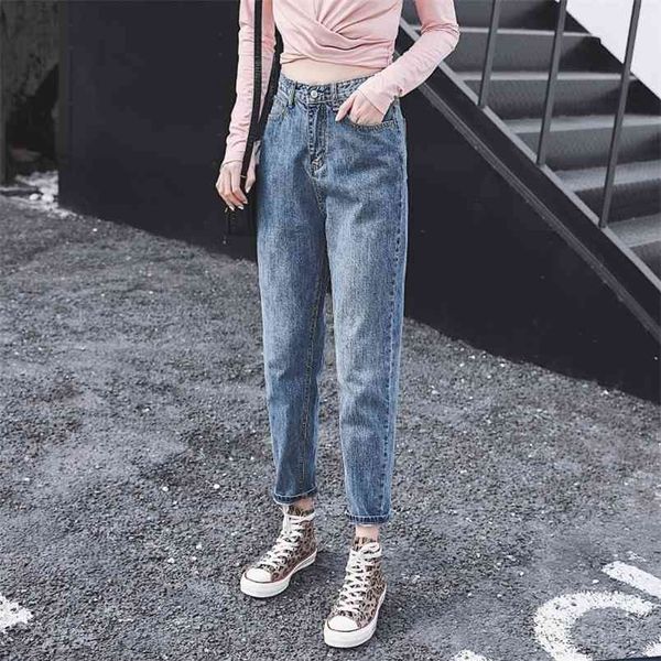 

high waist cropped jeans women spring loose retro wide leg straight student korean version was thin radish pants 210427, White;black