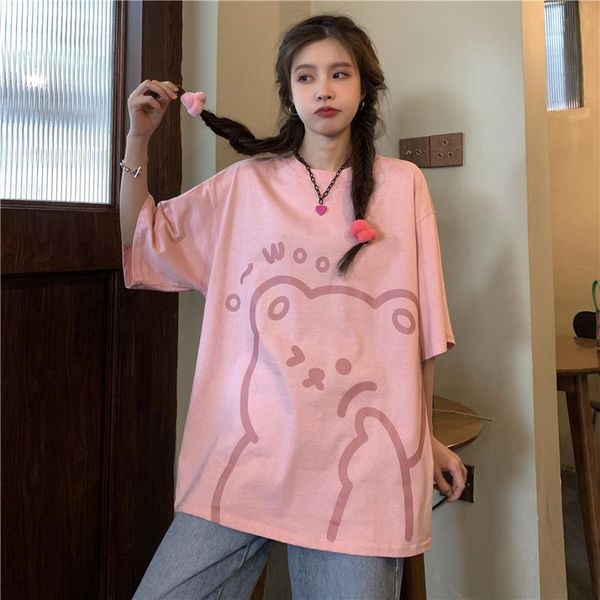 

women's t-shirt summer style loose short-sleeved cute bear print for women, White
