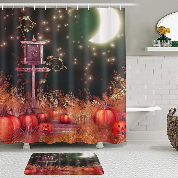 

shower curtain sets with non-slip rugs,pumpkin avenue fall pumpkin with star moon,waterproof bath curtains hooks and bath mat
