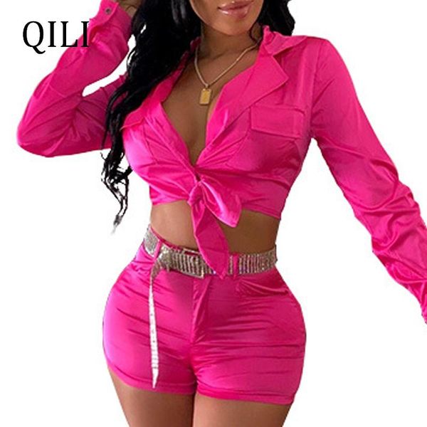 

women's jumpsuits & rompers qili women neon green rose-red two piece set outfits full sleeve shirt short shorts 2 matching biker sets, Black;white
