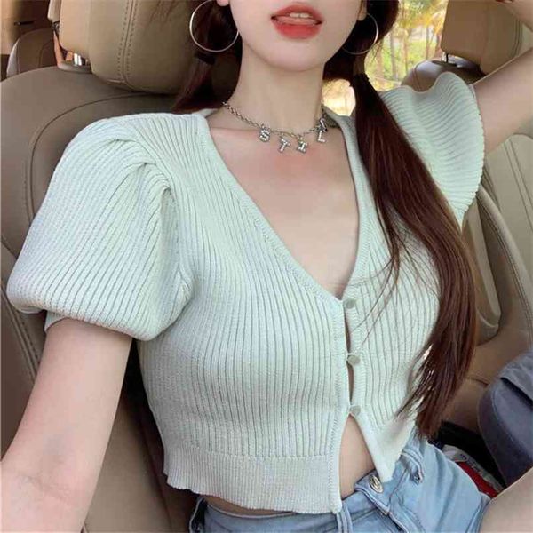 

french retro bubble sleeves knit cardigan short jacket women's summer thin slim with 210529, White
