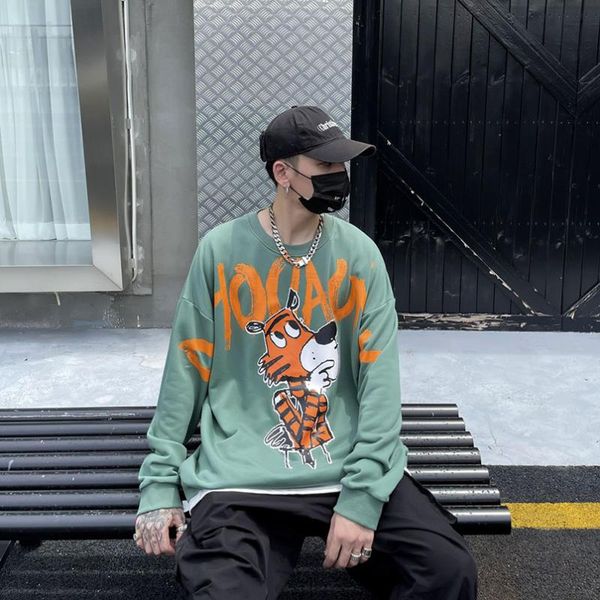 

men's hoodies & sweatshirts hand-painted cartoon thinking tiger print round neck sweatshirt hip hop oversize long sleeve men women pull, Black