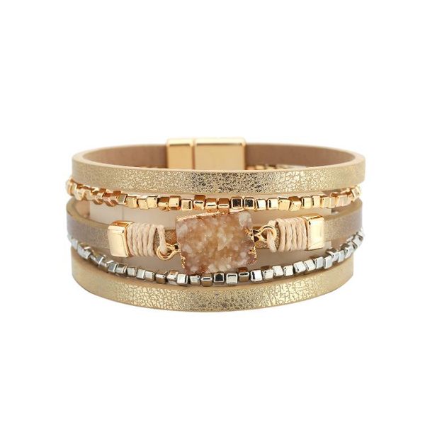 

bangle ornapeadia bohemian multi-layered wide-sided leather crystal stone bracelet for women braided magnetic, Black