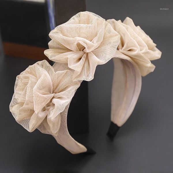 

1pc fabric flower hairband with teeth handmade big lace mesh headband women girls street s catwalk hair ornaments1