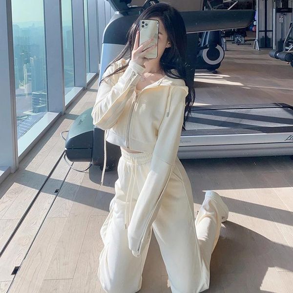 

women's two piece pants sports leisure sweater wide leg set autumn chic two-piece ensemble femme survetement year-old female costume su, White