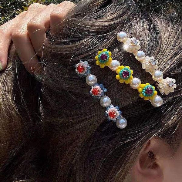 

hair clips & barrettes aomu romantic blue yellow crystal imitation pearl flower clip irregular geometric plant beaded duckbill for women jew, Golden;silver