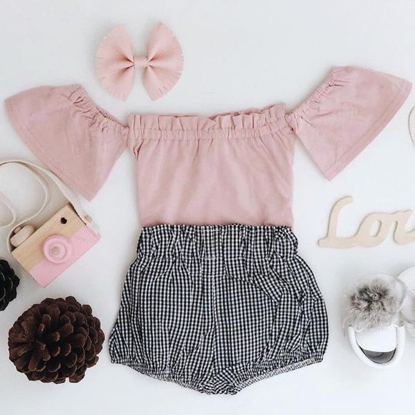 

clothing sets 2pcs born baby girl solid off-shoulder short +pp pants outfit clothes, White