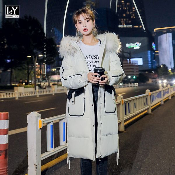 

down winter women cotton coats with big artificial fur collar lamb wool patchwork pocket loose thicken hooded parka, Black