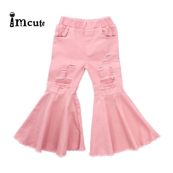 

imcute 2021 girls pants fashion style jeans flared trousers children toddler baby kids denim bottom boot cut hole pink, Blue