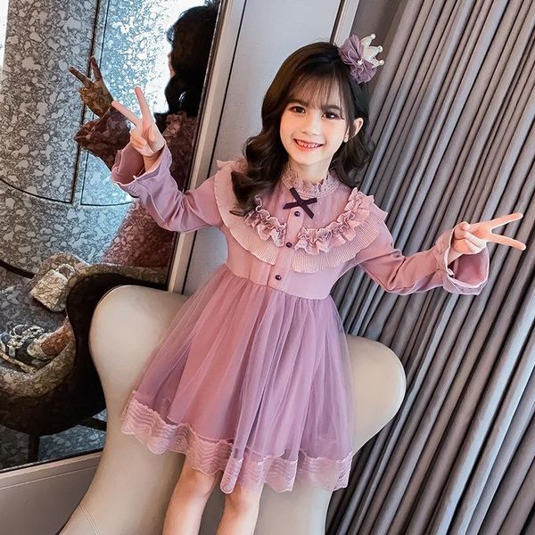 

girl's dresses spring children fashion dress costomes long sleeve princess lady lace stitching gauze vestidos design for girls, Red;yellow