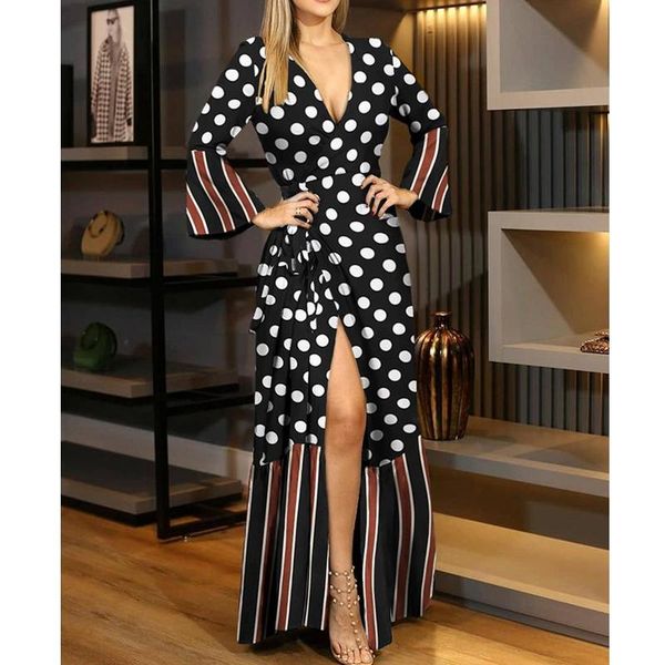 

casual dresses lugentolo wave point maxi dress women plus size fall fashion print flare sleeve a-line big swing lace high waist, Black;gray