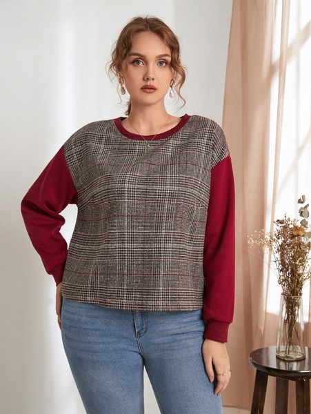 

plus glen plaid drop shoulder sweatshirt t0fk#, Black
