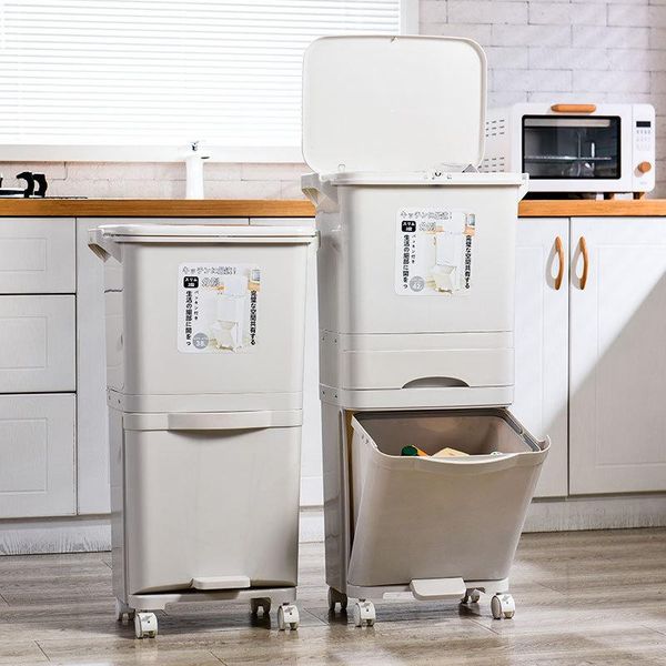 

waste bins 42l large trash bin double-layer classification with lid dry and wet separation can kitchen storage basket