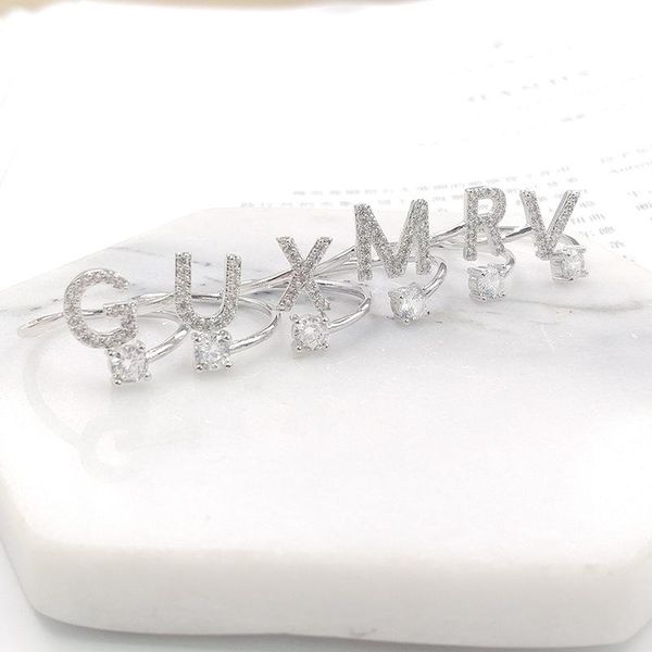 

cluster rings dainty micro zircon ring a-z initial letters for women silver name adjustable, Golden;silver