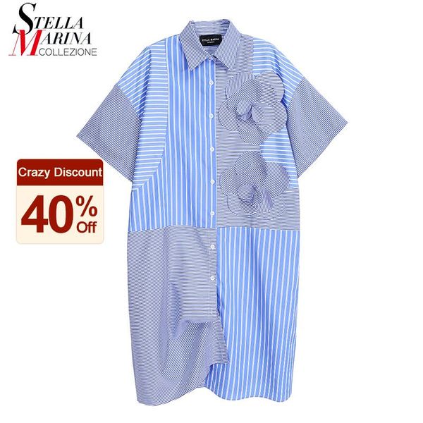 

New Plus Size Woman Summer Short Sleeve Blue Striped Shirt Dress With Flowers Patches Ladies Cute Dresses Style Robe Femme 8208, 8208 blue