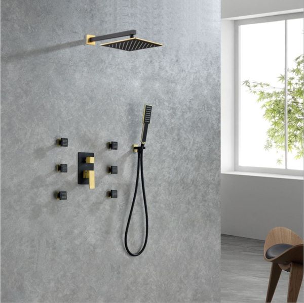 

matt black shower systems 10" square rain showerhead set solid brass concealed mixer valve 2 functions spa massage body jets