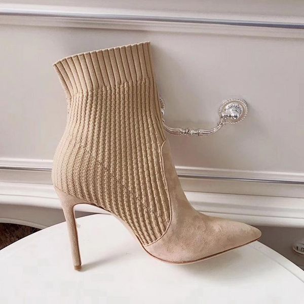 

boots women knitted sock 8cm stiletto high heels ankle for fur winter plus size 41 42 43 shoes, Black