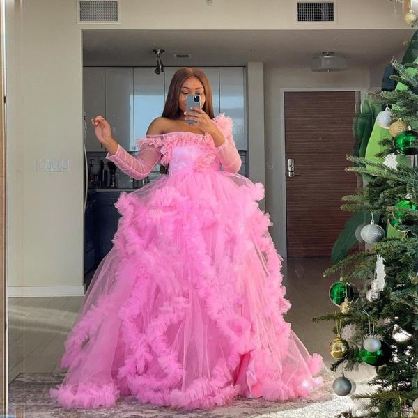 

fluffy off shoulder long sleeve a-line pink party dresses illusions ruffles custom made prom evening gowns puffy casual, Black;gray