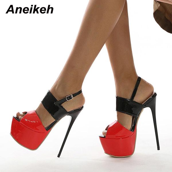 

sandals aneikeh 17cm peep toe platform summer shoes for women sandalias high fashion puthin heels buckle strap party wedding, Black