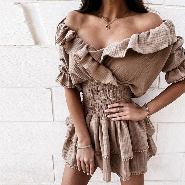 

off shoulder summer dress for women 2021 mini dresses elegant ruffle loose fashion slim beach party ladies sundress casual, Black;gray