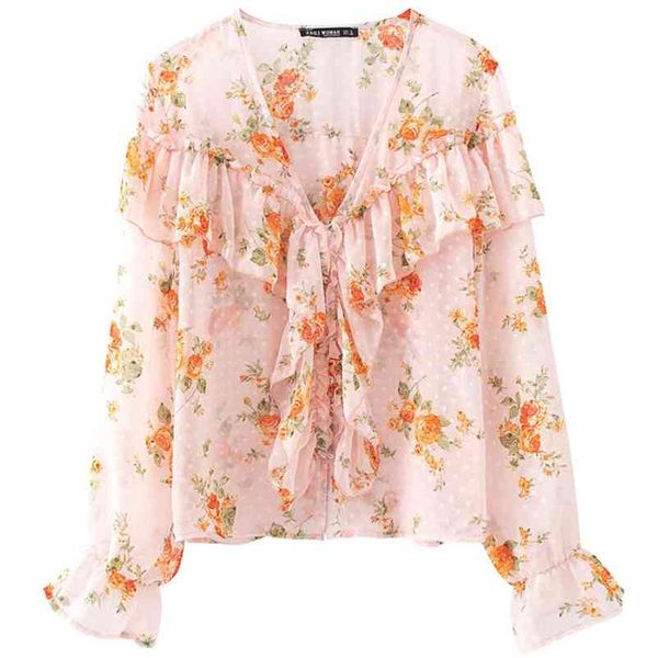 

sweet girls v neck ruffle shirt spring-autumn fashion ladies office women fresh printing 210515, White