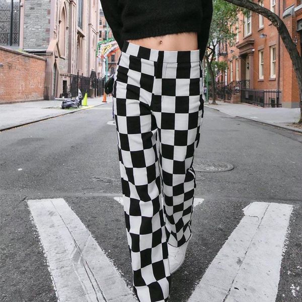 

women's pants & capris kumsvag women summer casual plaid straight 2021 za high waist full length pant female fashion street trousers cl, Black;white